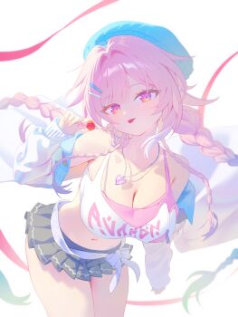 1girl absurdres bare_shoulders beret black_skirt breasts candy cleavage clothes_writing commentary_request crop_top cyrene_(honkai:_star_rail) cyrene_(nylon_japan)_(honkai:_star_rail) cyrene_(ripples_of_past_reverie)_(honkai:_star_rail) diamond-shaped_pupils diamond_(shape) food hat heart heart_necklace highres holding holding_candy holding_food holding_lollipop honkai:_star_rail honkai_(series) jacket jewelry large_breasts lollipop long_hair looking_at_viewer midriff miniskirt navel necklace official_alternate_costume pink_hair purple_eyes simple_background skirt solo sompunchking symbol-shaped_pupils thighs tongue tongue_out very_long_hair white_background white_jacket