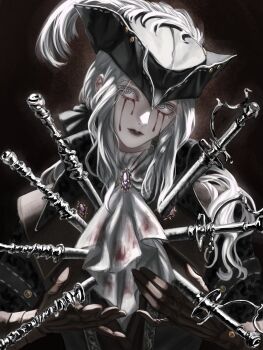 1girl ascot blasphemous blonde_hair blood bloodborne cape coat gem gloves hat hat_feather highres lady_maria_of_the_astral_clocktower long_hair looking_at_viewer nouveaudepart_0 ponytail solo sword tears tricorne weapon white_hair