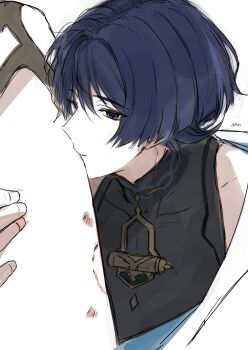 1boy absurdres artist_name bite_mark bite_mark_on_thigh black_bodysuit black_hair blue_kimono blunt_ends bodysuit covered_collarbone deep_skin eyeliner eyeshadow feet female_pov fingernails genshin_impact hetero hickey highres japanese_clothes juban kimono kissing_thigh leg_up looking_at_viewer lumine_(genshin_impact) makeup mandarin_collar multicolored_hair nan7719318 open_clothes open_kimono pov pov_legs purple_eyes purple_hair red_eyeliner red_eyeshadow scaramouche_(genshin_impact) shoulder_peek streaked_hair thigh_grab tsurime wanderer_(genshin_impact) white_background white_kimono