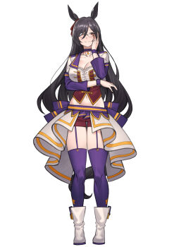 1girl absurdres animal_ears black_hair boots borrowed_character bow choker commentary_request commission cropped_jacket ear_ribbon fukuro_(maruaru00) full_body garter_straps highres horse_ears horse_girl horse_tail jacket long_hair long_sleeves looking_at_viewer midriff navel original pendant_choker pixiv_commission purple_choker purple_garter_straps purple_thighhighs red_shorts round_eyewear short_shorts shorts simple_background solo starting_future_(umamusume) swept_bangs tachi-e tail thighhighs umamusume white_background white_boots white_jacket