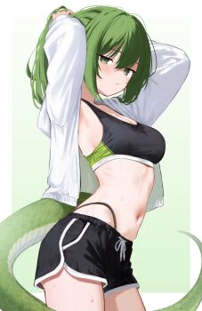 Rule 34 | 1girl, absurdres, arknights, arknights: endfield, arms up, black shorts, black sports bra, breasts, commentary request, dolphin shorts, fluorite (arknights), green eyes, green hair, highres, jacket, looking at viewer, medium breasts, memekko, navel, open clothes, open jacket, paid reward available, revision, short shorts, shorts, solo, sports bra, stomach, tail, white jacket