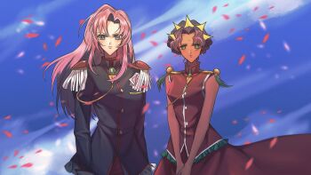 2girls aiguillette bindi black_jacket blue_eyes closed_mouth dark-skinned_female dark_skin derivative_work dress epaulettes falling_petals green_eyes highres himemiya_anthy jacket long_hair long_sleeves multiple_girls petals pink_hair purple_hair red_dress screenshot_redraw serious shadiao224 shoujo_kakumei_utena sky sleeveless sleeveless_dress tenjou_utena v_arms