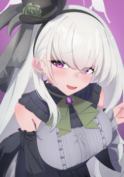 1girl absurdres bare_shoulders black_hat black_skirt black_sleeves blue_archive blush commentary_request detached_sleeves earrings flower green_flower green_ribbon grey_shirt hat hat_flower highres jewelry long_hair looking_at_viewer mini_hat mini_top_hat official_alternate_costume open_mouth partial_commentary purple_eyes ribbon sainarohh sakurako_(blue_archive) sakurako_(idol)_(blue_archive) shirt skirt solo top_hat very_long_hair white_hair
