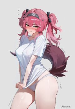 1girl black_bow blush bow closed_mouth collarbone commentary covered_erect_nipples earrings english_commentary flying_sweatdrops gradient_hair grey_background hair_bow hair_ornament hairband highres jewelry long_hair lupa_(wuthering_waves) metal_hairband moetsukita multicolored_hair multiple_hair_bows no_pants nose_blush orange_eyes panties pink_hair shirt signature simple_background solo tail thighs twintails underwear white_panties white_shirt wolf_tail wuthering_waves