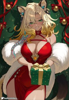 1girl animal_ear_fluff animal_ears aqua_hair bare_shoulders blonde_hair breasts cleavage commentary dress english_commentary fingernails fur_trim genshin_impact geo_symbol_(genshin_impact) gift green_eyes hair_between_eyes helloimtea highres holding holding_gift jaguar_ears large_breasts long_hair looking_at_viewer multicolored_hair patreon_username pink_hair red_dress red_ribbon ribbon sleeveless sleeveless_dress solo twitter_logo twitter_username upper_body very_long_hair vision_(genshin_impact) xilonen_(genshin_impact)