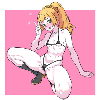 1girl :d arm_support arm_up bikini black_bikini black_boots blonde_hair blunt_bangs blush boots border braid breasts bright_pupils collarbone commentary_request dashed_eyes dot_nose flying_sweatdrops full_body gold_trim green_eyes groin groin_tendon head_tilt heel_up high_ponytail highleg highleg_bikini lillie_(pokemon) long_hair looking_at_viewer micro_bikini navel nintendo nose_blush on_one_knee open_mouth outside_border pink_background pokemon pokemon_sun_and_moon ponytail ponytail_with_braided_base raised_inner_eyebrows shiny_clothes skindentation small_breasts small_sweatdrop smile solo swimsuit textless_version thick_thighs thighs toned toned_female v variant_set white_border yaki_apple