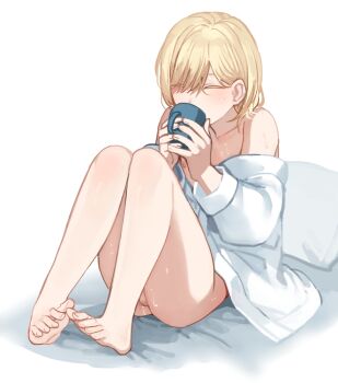 1boy armpit_crease ass bare_shoulders barefoot bed_sheet blonde-haired_boy_(sunaba_(nczd5875)) blonde_hair bottomless closed_eyes clothes_pull collarbone covering_own_mouth cup dot_nose drinking_glass full_body hair_between_eyes hair_over_one_eye hands_up holding holding_cup knees_up long_sleeves male_focus medium_hair nipples original pillow shirt shirt_pull sitting solo sunaba_(nczd5875) sweat testicles toes trap wet white_background white_shirt
