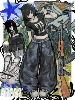 1girl 25dpz baggy_pants bags_under_eyes black_hair black_shirt blue_pants blue_sky border breasts clothes_writing crop_top cropped_shirt cross cross_print english_text expressionless fingernails fish full_body grass green_eyes gun hair_between_eyes hair_over_one_eye highres kuroki_tomoko long_hair looking_at_viewer loose_pants midriff multiple_views navel pale_skin pants photo_background player_character_(roblox) rifle security_camera shirt short_sleeves single_claw_pose sky star_(symbol) swirl tree watashi_ga_motenai_no_wa_dou_kangaetemo_omaera_ga_warui! weapon white_border wristband