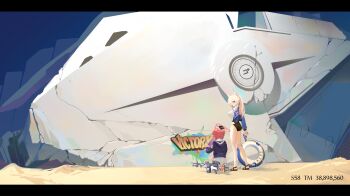 2girls aircctzillie animal_ear_fluff animal_ears armband binah_(blue_archive) blonde_hair blue_archive blue_eyes blue_halo blue_jacket breasts chinese_commentary commentary commentary_request competition_swimsuit crack dog_ears double_bun english_commentary extra_ears glock graffiti gun hair_bun hair_over_one_eye halo hand_on_own_hip handgun highres holding holding_spray_can holding_weapon hood hooded_jacket impossible_clothes impossible_swimsuit jacket kanna_(blue_archive) kanna_(swimsuit)_(blue_archive) kneeling large_breasts letterboxed lifebuoy long_hair maki_(blue_archive) mixed-language_commentary multiple_girls notched_ear official_alternate_costume one-piece_swimsuit ponytail purple_armband red_hair red_halo sand sandals skirt sports_sandals spray_can spray_paint swim_ring swimsuit true_velocity_rm338 weapon whistle white_one-piece_swimsuit white_skirt wide_shot