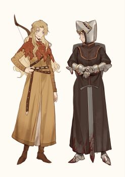 2girls armor armored_gloves belt blonde_hair blood blood_on_face blood_on_feet bloody_weapon blue_eyes bow_(weapon) brown_hair cape closed_mouth dress full_body gauntlets genderswap genderswap_(mtf) hand_on_own_hip hans_capon henry_of_skalitz highres hounskull kingdom_come:_deliverance kingdom_come:_deliverance_ii long_hair looking_at_another multiple_girls red_cape short_hair smile sword two-handed_sword tworain_w weapon yellow_dress