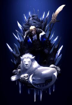 1boy animal areadbhar_(fire_emblem) arm_up armor belt belt_buckle black_armor black_belt black_fur blonde_hair blue_cape blue_eyes blue_theme bone breastplate buckle cape closed_mouth commentary crystal dimitri_alexandre_blaiddyd dimitri_alexandre_blaiddyd_(timeskip) english_commentary eyepatch fire_emblem fire_emblem:_three_houses fur-trimmed_cape fur_trim gauntlets hand_on_own_face head_rest highres holding holding_polearm holding_weapon lion male_focus mane medium_hair nintendo one_eye_covered ornate_weapon polearm qiniing sitting sitting_on_throne skull solo throne weapon white_fur