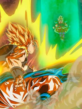 Rule 34 | 2boys, artist name, aura, battle, black vest, blonde hair, blue sash, broly (dragon ball super), commentary request, cropped vest, dragon ball, dragon ball super, dragon ball super broly, green eyes, green hair, highres, legendary super saiyan, male focus, medium hair, metamoran vest, multiple boys, muscular, muscular male, pants, sash, spiked hair, super saiyan, super saiyan 1, vest, white pants, yamuchasiyagatte