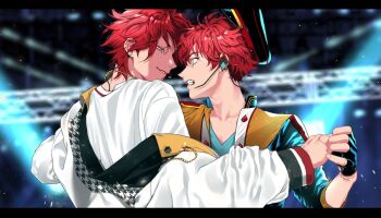 Rule 34 | 2boys, amagi hiiro, amagi rinne, bad id, bad twitter id, bee, black gloves, black hat, blue eyes, blue jacket, blue shirt, blurry, blurry background, brothers, bug, chain, chain necklace, clenched teeth, collarbone, commentary, contrast lapels, earrings, eizi, ensemble stars!, epaulettes, eye contact, face-to-face, faceoff, fingerless gloves, from behind, furrowed brow, gloves, gold chain, gold necklace, gold trim, hair between eyes, hat, hat loss, headset, high collar, houndstooth, idol, indoors, insect, jacket, jewelry, lapels, letterboxed, light particles, long sleeves, looking at another, male focus, multiple boys, necklace, peaked cap, profile, red hair, red trim, scowl, shirt, short hair, siblings, single off shoulder, smile, smug, spade (shape), stage lights, teeth, three-quarter sleeves, two-sided fabric, two-sided jacket, upper body, v-neck, v-shaped eyebrows, very short hair, white jacket, white shirt, yellow jacket