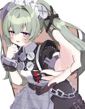 Rule 34 | 1girl, absurdres, apron, bame zayin, belt, black dress, black nails, brown background, chain, commentary request, corin wickes, cowboy shot, cuffs, dress, green hair, hair between eyes, highres, long hair, looking at viewer, maid, maid apron, maid headdress, open mouth, puffy short sleeves, puffy sleeves, purple eyes, screw hair ornament, short sleeves, simple background, solo, sweatdrop, twintails, white apron, zenless zone zero