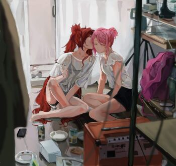 2girls ashtray bare_legs barefoot between_legs blurry blurry_foreground can cellphone cigarette closed_eyes closed_mouth collarbone commentary crossed_legs english_commentary hair_bun hand_between_legs highres holding holding_cigarette indoors jinx_(league_of_legends) kid_sppinarl kiss kissing_cheek league_of_legends long_hair lux_(league_of_legends) multiple_girls phone pink_hair red_hair shirt short_hair short_sleeves sidelocks sitting smartphone smile star_guardian_(league_of_legends) star_guardian_jinx star_guardian_lux swept_bangs t-shirt twintails two_side_up very_long_hair wariza white_shirt yuri