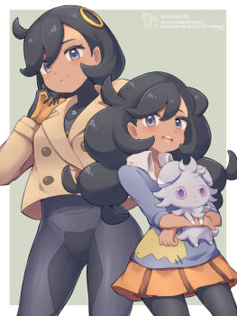 2girls :d black_bodysuit black_gloves black_hair black_pantyhose blue_sweater bodysuit bodysuit_under_clothes border brown_jacket brown_skirt closed_mouth collared_shirt commentary_request emma_(pokemon) espurr gen_6_pokemon gloves grey_background grey_bodysuit grey_eyes hair_between_eyes hair_ornament hand_up holding holding_pokemon hug jacket kuromiya long_hair long_sleeves looking_at_viewer multiple_girls nintendo open_mouth orange_skirt pantyhose pleated_skirt pokemon pokemon_(creature) pokemon_legends:_z-a pokemon_xy puffy_short_sleeves puffy_sleeves purple_eyes shirt short_hair short_sleeves skirt smile sweater teeth time_paradox upper_teeth_only watermark white_border white_shirt