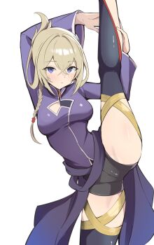 1girl blonde_hair blush braid breasts hair_ornament hair_rings high_ponytail highres masamune_(monster_strike) monster_strike morfoniki ponytail shorts simple_background solo split standing standing_on_one_leg standing_split thighs white_background