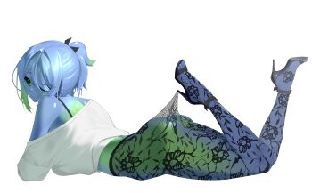Rule 34 | 1girl, absurdres, ass, black bra, black sandals, black sclera, blue hair, blue skin, bra, bra strap, character request, colored sclera, colored skin, commission, feet up, floral print, floral print pantyhose, from side, gradient hair, green eyes, green skin, hair intakes, high-waist pantyhose, high heels, highres, hooked on heel, lace, lace pantyhose, lace pantyhose hooked on heel (meme), looking at viewer, looking back, lying, meme, multicolored hair, nangmanheeyou, off shoulder, on stomach, one eye closed, original, pantyhose, ponytail, print pantyhose, sandals, shirt, single bare shoulder, solo, stiletto heels, thick thighs, thighs, underwear, white shirt
