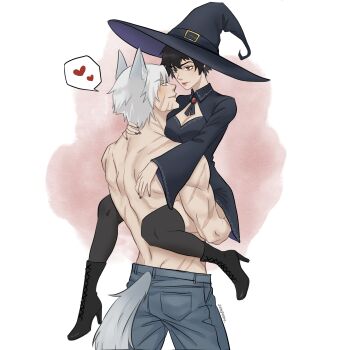 1boy 1girl animal_ears black_hair black_hat black_shoes black_thighhighs blue_eyes boots carrying cleavage_cutout clothing_cutout dante_(devil_may_cry) denim devil_may_cry_(netflix) devil_may_cry_(series) green_eyes halloween_costume hat heart heterochromia high_heel_boots high_heels highres jeans jumpoon kemonomimi_mode lady_(devil_may_cry) no_shirt pants parted_lips red_eyes scar shoes smile spoken_heart tail thighhighs white_hair witch_hat wolf_ears wolf_tail