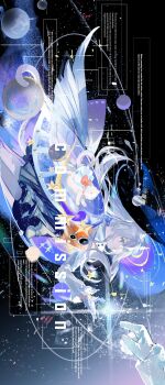 1girl 1other absurdres animal_ears astronaut black_skirt cat cat_ears commission cowboy_shot diagram feathered_wings film_reel floating_hair gloves hand_up hat highres lantercat long_hair long_sleeves orange_shirt orbital_path original out_of_frame outdoors planet shirt sideways skirt sky space sparkle star_(sky) star_(symbol) star_print starry_sky very_long_hair white_gloves white_hair white_wings wings witch_hat