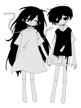 1boy 1girl blood blood_on_clothes bloody_weapon brother_and_sister collared_shirt double-parted_bangs dress greyscale hair_between_eyes highres holding_hands jump_rope kobanzame_omo long_hair looking_at_viewer mari_(faraway)_(omori) mari_(omori) monochrome omori open_mouth shirt short_hair short_sleeves shorts siblings simple_background smile socks spoilers stab sunny_(omori) sweater_vest weapon