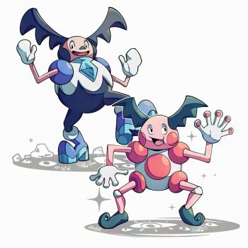Rule 34 | 2boys, blue shoes, clown, commentary, english commentary, galarian form, galarian mr. mime, gen 1 pokemon, gen 8 pokemon, gloves, grey shoes, looking at viewer, mistray-art, mr. mime, multiple boys, nintendo, numbered, open mouth, pokemon, pokemon (creature), regional and normal, shoes, signature, simple background, sparkle, white background, white gloves