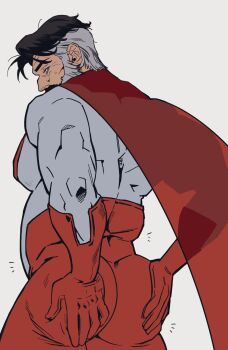 1boy alternate_muscle_size ass_lift ass_support bara beard belly black_hair bonjourdraws cape cowboy_shot facial_hair from_behind full_beard hands_on_own_ass highres invincible_(series) large_pectorals looking_back male_focus mature_male muscular muscular_male mustache nolan_grayson notice_lines pectorals plump short_hair simple_background solo standing thick_beard thick_eyebrows weight_conscious white_background