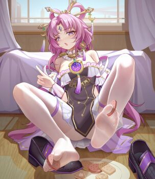 1girl absurdres bare_shoulders between_toes blush bow-shaped_hair cookie dress feet food foot_focus forehead_jewel fu_xuan_(honkai:_star_rail) hair_ornament hair_rings hair_stick highres holding_with_feet honkai:_star_rail honkai_(series) knees_up legs long_hair looking_at_viewer low_twintails luai macaron no_shoes pantyhose parted_bangs pink_eyes pink_hair shoes sitting solo toes twintails unworn_shoes very_long_hair white_pantyhose