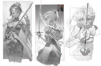 1girl absurdres clair_obscur:_expedition_33 closed_mouth collar commission commissioner_upload fingernails from_behind greyscale highres holding holding_sword holding_weapon long_hair long_sleeves maelle_(clair_obscur:_expedition_33) monochrome multiple_views navel ponytail rapier sketch sword unfinished weapon