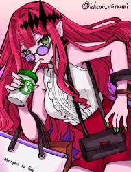 Rule 34 | 1girl, :o, bag, baobhan sith (fate), bare shoulders, breasts, center frills, cup, drinking straw, earrings, fate/grand order, fate (series), frills, green eyes, highres, izumi minami, jewelry, large breasts, long hair, looking at viewer, looking over eyewear, open mouth, pink hair, pointy ears, purple-tinted eyewear, red shorts, round eyewear, shirt, shorts, shoulder bag, sidelocks, sleeveless, sleeveless shirt, solo, sunglasses, thighs, tiara, tinted eyewear, twitter username, white shirt