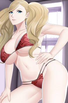1girl aslindsamure blonde_hair blue_eyes breasts large_breasts long_hair persona persona_5 swimsuit takamaki_anne twintails