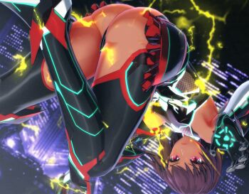 1girl 3d artist_request ass black_leotard breasts brown_hair city dark_skin electricity expressionless fishnets highres huge_ass impossible_clothes impossible_leotard jumping leotard looking_back looking_to_the_side mizuki_yukikaze mizuki_yukikaze_(future) night pink_eyes shiny_clothes shiny_skin short_hair skin_tight skindentation sky small_breasts solo taimanin_(series) taimanin_rpgx taimanin_suit taimanin_yukikaze thong_leotard wide_hips