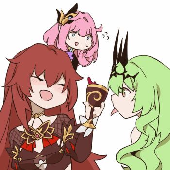 Rule 34 | 3girls, black dress, black tiara, blue eyes, breasts, brown hair, cloud ya, commentary, cup, dress, eden (honkai impact), elf, elysia (honkai impact), elysia (miss pink elf) (honkai impact), english commentary, green hair, holding, holding cup, honkai (series), honkai impact 3rd, large breasts, long hair, mobius (honkai impact), multiple girls, open mouth, pink hair, pointy ears, second-party source, simple background, smile, sweatdrop, tiara, tongue, tongue out, very long hair, white background