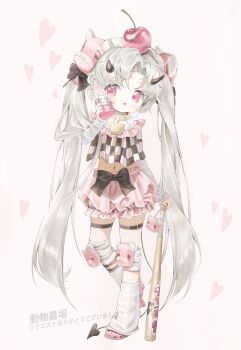 1girl :p arm_at_side arm_strap baseball_bat black_bow bow checkered_clothes checkered_shirt cheek_squash cherry_hair_ornament child collar commission crocs cropped_shirt demon_girl demon_horns demon_tail detached_sleeves dot_nose doubutsunoujyou food-themed_hair_ornament frilled_shorts frills full_body hair_bow hair_ornament hand_up heart highres holding holding_baseball_bat horns knee_guards long_hair loose_socks midriff navel original parted_bangs pink_eyes pink_shoes pink_skirt shirt shoes shorts simple_background skindentation skirt smile socks solo spiked_collar spikes standing straight-on straight_hair tail thigh_strap tongue tongue_out twintails very_long_hair white_background white_hair white_sleeves white_socks