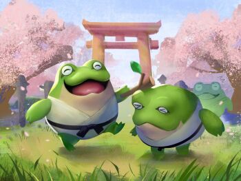 Rule 34 | blue sky, cherry blossoms, colored skin, croajiro, day, grass, green skin, highres, holding, holding stick, open mouth, outdoors, pal (creature), palworld, sky, spregg00, stick, torii, tree