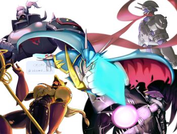 Rule 34 | 1girl, 3boys, absurdres, arm blade, arm cannon, armor, beelzebumon, beelzebumon blast mode, black bodysuit, black wings, blonde hair, blue bodysuit, bodysuit, craniummon, digimon, digimon (creature), energy sword, eye mask, feathered wings, fox mask, gold armor, green eyes, highres, justimon, knight, mask, mechanical arms, multiple boys, okome digi, red scarf, sakuyamon, scarf, short hair, simple background, single mechanical arm, sword, third eye, twitter username, ulforcev-dramon, upper body, weapon, white background, wings