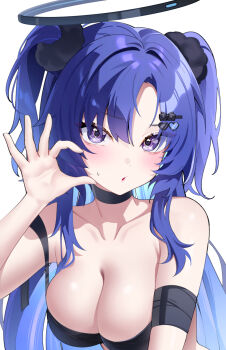 1girl aqua74286 black_armlet black_choker black_scrunchie blue_archive blush breasts choker cleavage commentary hair_ornament hairclip half-heart_hands halo hand_on_own_face heart heart_hair_ornament highres large_breasts long_hair looking_at_viewer mechanical_halo open_mouth parted_lips purple_eyes purple_hair scrunchie simple_background small_sweatdrop solo symbol-only_commentary two_side_up upper_body white_background yuuka_(blue_archive)