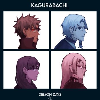 1girl 3boys album_cover blue_eyes commentary cover demon_days_(gorillaz) dexkaai english_commentary english_text from_side gorillaz highres hiruhiko_(kagurabachi) kagurabachi long_hair multiple_boys parody profile red_eyes rokuhira_chihiro samura_iori sazanami_hakuri scar scar_on_face white_background