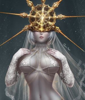 1girl breasts commentary covered_eyes crown dark_souls_(series) dark_souls_i dark_sun_gwyndolin develvdeva english_commentary facing_viewer genderswap genderswap_(mtf) jewelry large_breasts navel parted_lips short_hair solo standing upper_body white_hair