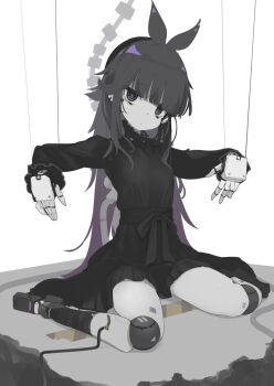 1girl android black_dress black_hair cable colored_skin commission dress expressionless hair_ribbon joints long_hair looking_at_viewer marionette nanatsuki_sousuke original puppet puppet_strings purple_eyes ribbon robot_joints sitting skeb_commission very_long_hair wariza white_skin