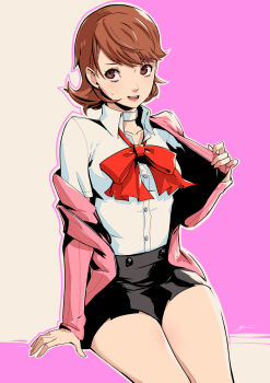 1girl arm_support black_skirt bow bowtie breasts brown_eyes brown_hair cardigan choker collarbone collared_shirt commentary cowboy_shot earrings eightyfourart flipped_hair gekkoukan_high_school_uniform highres invisible_chair jewelry lips long_sleeves looking_at_viewer loose_bowtie medium_breasts miniskirt open_cardigan open_clothes open_mouth persona persona_3 pink_cardigan pink_lips pleated_skirt red_bow red_bowtie ribbed_cardigan school_uniform shirt short_hair sitting skirt solo stud_earrings sweatdrop takeba_yukari thighs undressing white_choker white_shirt