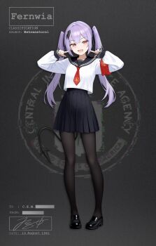 +_+ 1girl absurdres adversarial_noise armband bar_censor black_pantyhose black_ribbon black_sailor_collar black_shoes black_skirt black_tail blue_hair breasts brown_eyes brown_hair censored central_intelligence_agency character_name collarbone commentary dated demon_girl demon_tail emblem english_commentary english_text fang full_body glitch hair_tie hands_up highres jerry_wang loafers long_hair long_sleeves necktie open_mouth original pantyhose pleated_skirt pointing_at_mouth red_armband red_necktie ribbon sailor_collar school_uniform serafuku shirt shoes sidelocks signature skin_fang skirt small_breasts smile solo standing symbol-shaped_pupils tail twintails white_shirt