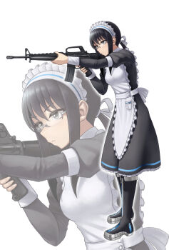 1girl aiming analogue:_a_hate_story anidante apron assault_rifle black_hair blue_eyes boots commission glasses gun highres holding holding_gun holding_weapon hyun-ae m16 m16a1 maid maid_apron maid_headdress ponytail rifle trigger weapon