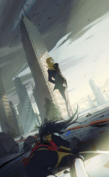 2boys aleph_(megami_tensei) bird black_bodysuit black_hair black_suit blonde_hair blood bodysuit broken_eyewear building city cloud cloudy_sky comp_(megami_tensei) crow floating_hair flock formal_clothes from_behind highres injury long_hair lucifer_(megami_tensei) lying male_focus multiple_boys o_c_x ruins shin_megami_tensei shin_megami_tensei_ii sky skyscraper standing suit