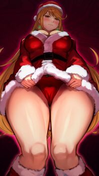 1girl alternate_costume annoyed blonde_hair blush boots bow bow_panties breasts cameltoe cleavage closed_mouth commentary_request dress dress_tug earrings embarrassed from_below fur-trimmed_boots fur-trimmed_dress fur_trim hat highres jewelry large_breasts legs long_hair long_sleeves looking_at_viewer mythra_(xenoblade) panties r123 red_background red_boots red_hat red_panties santa_costume santa_dress santa_hat short_dress solo standing swept_bangs thighs underwear upskirt very_long_hair xenoblade_chronicles_(series) xenoblade_chronicles_2 yellow_eyes