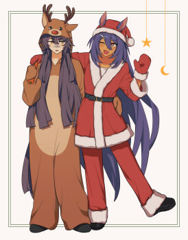 Rule 34 | 2girls, animal costume, animal ears, animal hood, antlers, bandaid, bandaid on face, bandaid on nose, black hair, blush, coat, crescent moon, dark-skinned female, dark skin, ears through headwear, fake antlers, fur-trimmed gloves, fur trim, gloves, hair between eyes, hair ornament, hairclip, hat, highres, hishi amazon (umamusume), hood, hood up, horns, horse ears, horse girl, horse tail, hwipa (param blue), long hair, long sleeves, moon, multiple girls, narita brian (umamusume), one eye closed, open mouth, pants, red coat, red eyes, red gloves, red hat, red pants, reindeer antlers, reindeer costume, reindeer hood, santa costume, santa hat, smile, star (symbol), tail, umamusume, very long hair, yellow eyes