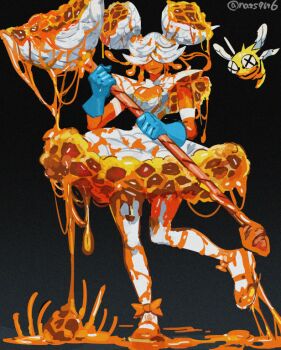 1girl bee blue_gloves bug colored_skin cross_in_eye dress frilled_dress frills full_body gloves hair_over_eyes holding holding_staff honey honeycomb_(object) insect magical_girl nass9696 orange_skin original ribs signature skull smile staff sticky