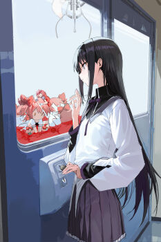 2girls absurdres against_glass akemi_homura akemi_homura_(magical_girl) black_hair black_hairband bow bowtie breasts character_doll chinese_commentary coin commentary_request cowboy_shot crane_game doll from_side hairband hand_on_glass highres holding holding_coin kaname_madoka kaname_madoka_(magical_girl) long_hair mahou_shoujo_madoka_magica mahou_shoujo_madoka_magica_(anime) mini_person minigirl multiple_girls parted_lips pleated_skirt profile purple_bow purple_bowtie purple_skirt shiliu_xian_xian_xian shirt sidelocks skirt small_breasts straight_hair white_shirt
