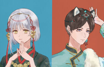 1boy 1girl animal_ears beads bell black_hanfu blue_background blue_hanfu bright_pupils chinese_clothes circlet closed_mouth commentary_request cosplay costume_switch dot_nose expressionless extra_ears eyelashes fingernails fur_shawl gold_necklace grey_hair hair_beads hair_bell hair_ornament hair_ribbon hairband hand_on_own_head hanfu happy highres illusion's_pyre_(shining_nikki) jewelry kohanai_setsuna leopard_ears lips long_sleeves looking_ahead looking_at_viewer mandarin_collar marking_on_cheek necklace nikki_(series) nostrils own_hands_together pointy_nose purple_eyes qin_yi_(shining_nikki) red_background red_ribbon ribbon shawl shining_nikki short_hair_with_long_locks simple_background single_sidelock smile snow_veil_leopard_(shining_nikki) two-tone_background upper_body white_pupils white_shawl yellow_eyes yellow_hairband yexiao_(shining_nikki)