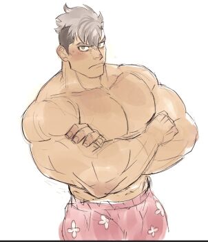 Rule 34 | 1boy, all saints street, bara, boxers, commentary request, crossed arms, damao (all saints street), fang, fang out, grey hair, highres, large pectorals, looking at viewer, male focus, male underwear, mohawk, muscular, muscular male, pectorals, short hair, simple background, sketch, solo, topless male, underwear, white background, yakisoba ohmori